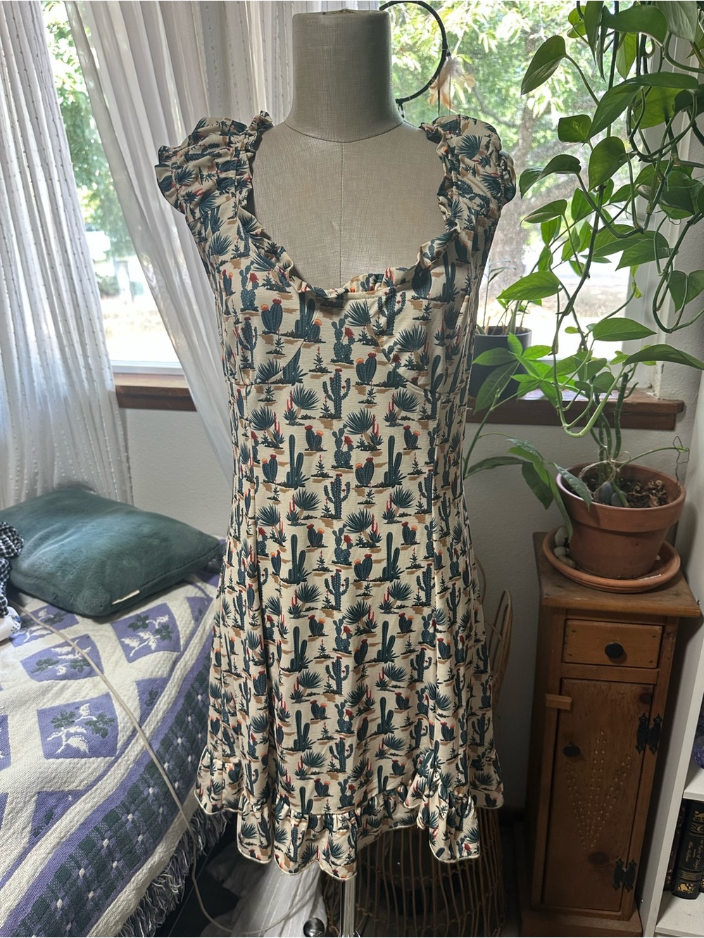 Cream Cactus-Print Ruffle Mini Dress - Picture 2 of 3